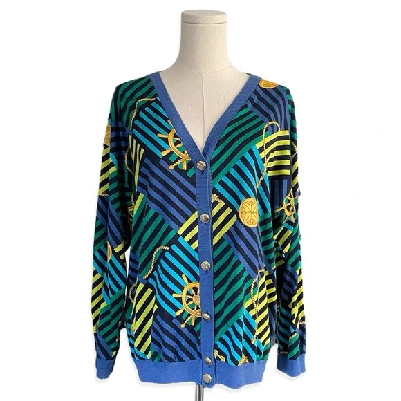VTG 90s Italian Nautical Cardigan Sweater Womens Size L Blue Gold Button Coastal - Picture 2 of 9